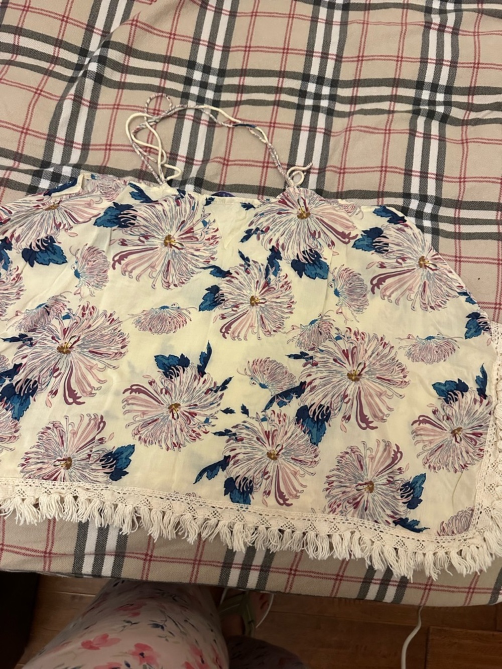 1-State Floral Tassel Trim Cropped Cami Top - Cream with Pink & Blue Flowers